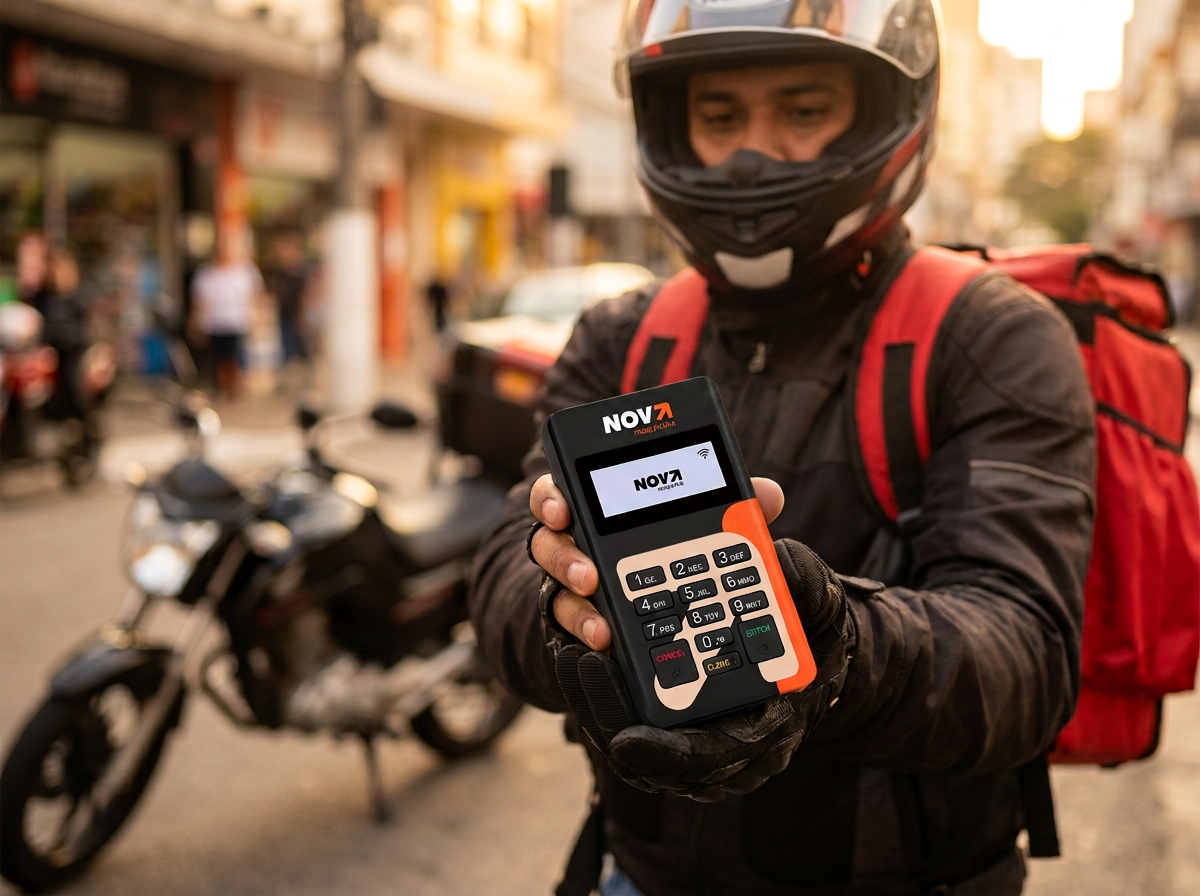 Entregador segurando a Nova Maquininha D150 pareada ao celular